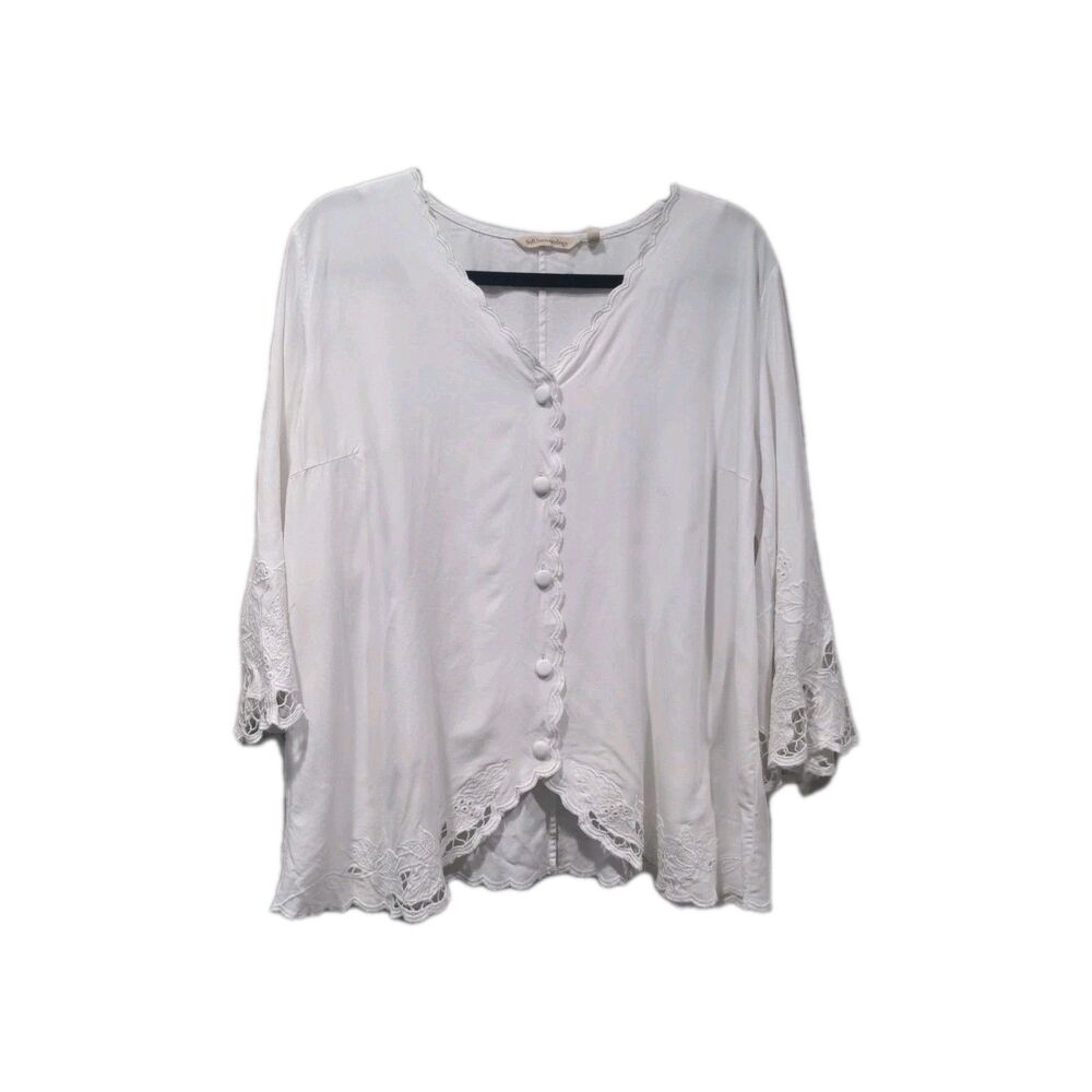 Soft Surroundings Womens Half Moon Lace Button Up Blouse Size XL White Scallop